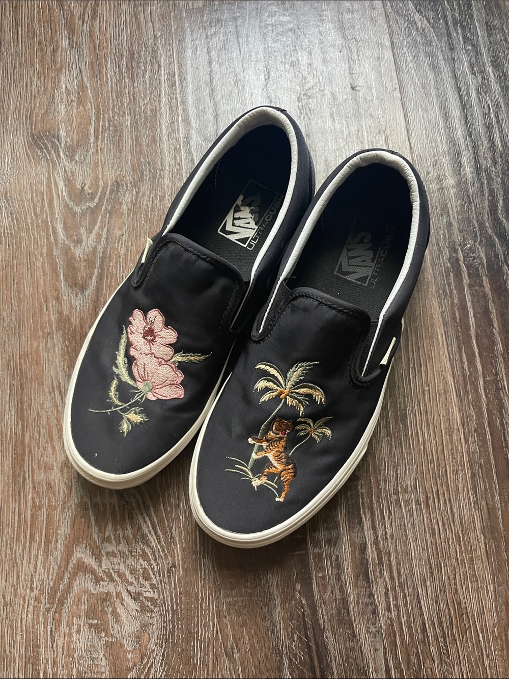 Vans Black Slip-On Sneakers with Pink Floral & Brown Tiger Embroidery